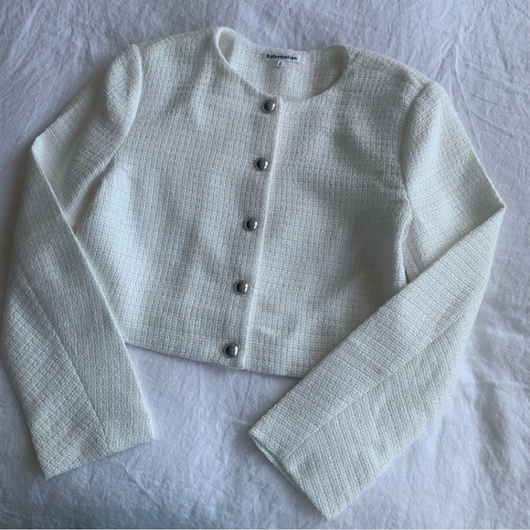 Reformation Trista Knit Tweed Crewneck Button Crop Cardigan Suit Jacket White - Picture 6 of 11